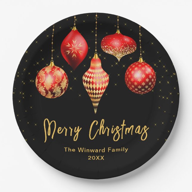 Elegant Red and Gold Ornament Christmas Paper Plate (Front)