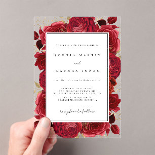 Elegant Red And Gold Rose Clear Wedding Acrylic Invitations
