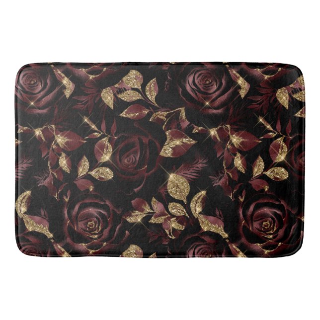 Elegant Red and Gold Rose Floral Pattern Bath Mat (Front)