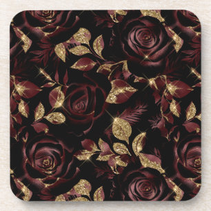 Elegant Red and Gold Rose Floral Pattern Coaster