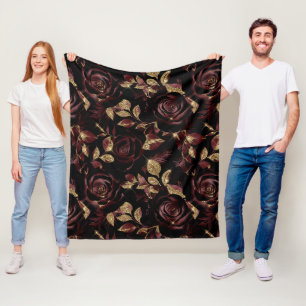 Elegant Red and Gold Rose Floral Pattern Fleece Blanket