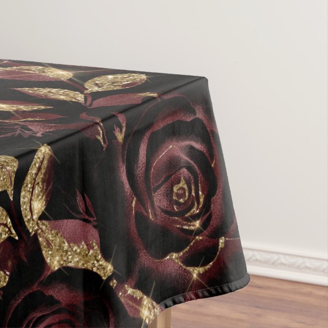Elegant Red and Gold Rose Floral Pattern Tablecloth (In Situ)