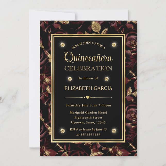 Elegant Red and Gold Rose Floral Quinceanera Invitation (Front)