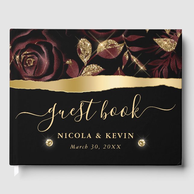 Elegant Red and Gold Rose Floral Wedding Guest Book (Front)