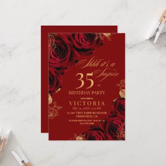 Elegant Red and Gold Roses 35th Birthday Invitation