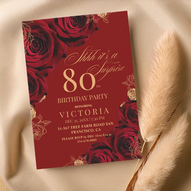 Elegant Red  and Gold Roses Floral 80th Birthday  Invitation (Creator Uploaded)