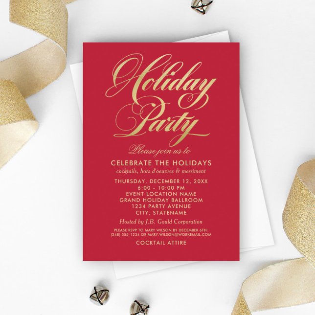 Elegant Red and Gold Script Holiday Party Invitation (Creator Uploaded)