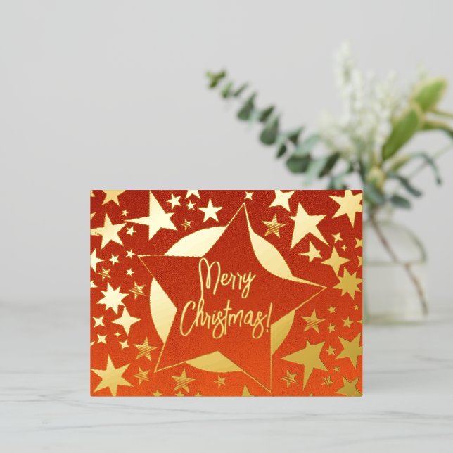 Elegant Red and Gold Script Merry Christmas Stars Foil Holiday Postcard (Standing Front)