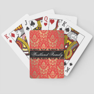 Elegant Red and Gold Shimmer Damask Add Your Name Playing Cards