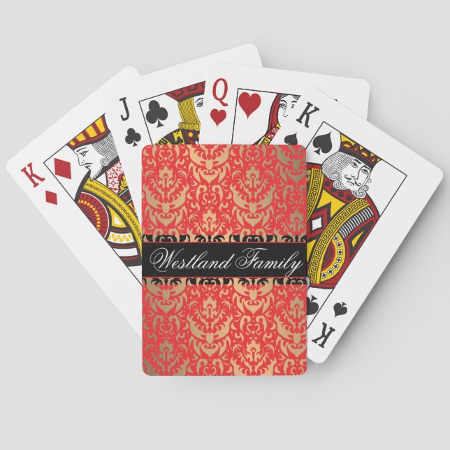 Elegant Red and Gold Shimmer Damask Add Your Name Playing Cards (Back)