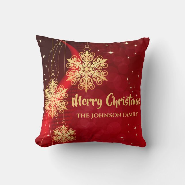 Elegant Red and Gold  Snowflake Christmas  Throw Pillow (Front)