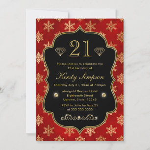 Elegant Red and Gold Winter Snowflakes Birthday Invitation