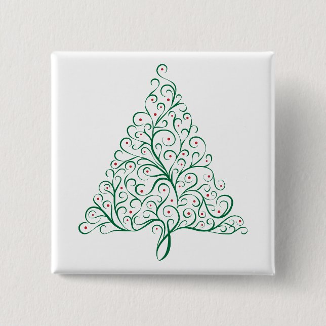 Elegant Red and Green Calligraphy Christmas Tree 2 Inch Square Button (Front)