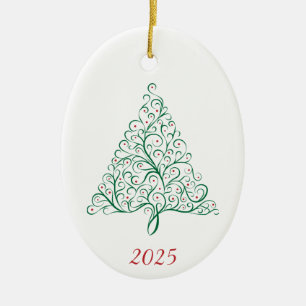 Elegant Red and Green Calligraphy Christmas Tree Ceramic Ornament