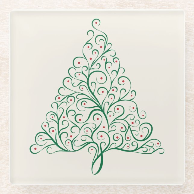 Elegant Red and Green Calligraphy Christmas Tree Glass Coaster (Front)