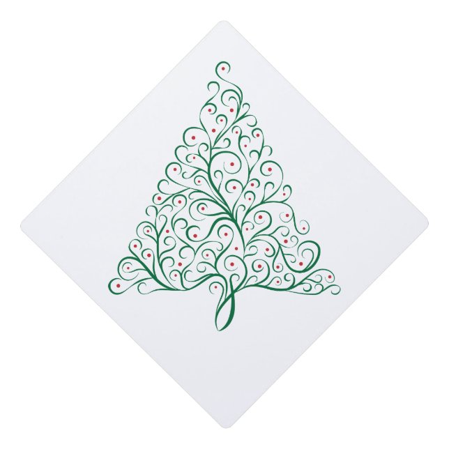 Elegant Red and Green Calligraphy Christmas Tree Graduation Cap Topper (Front)