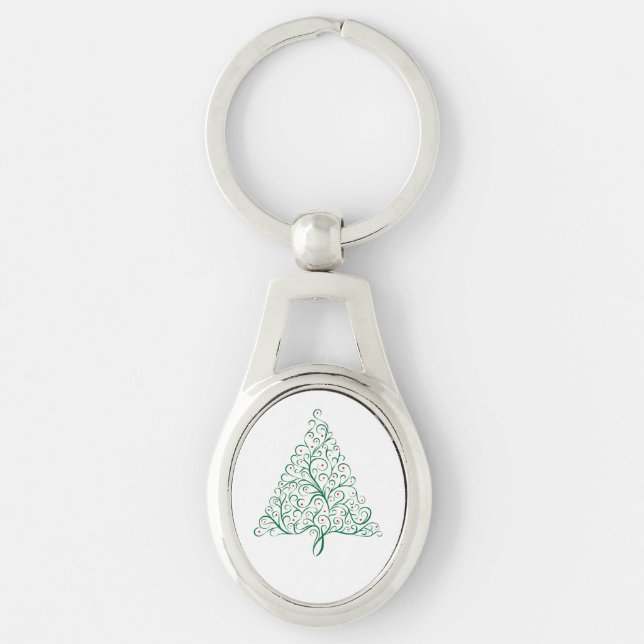 Elegant Red and Green Calligraphy Christmas Tree Keychain (Front)