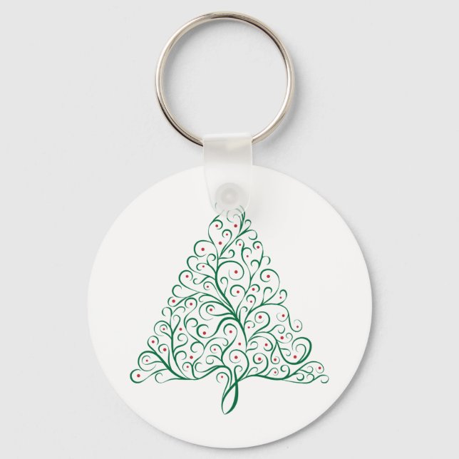 Elegant Red and Green Calligraphy Christmas Tree Keychain (Front)