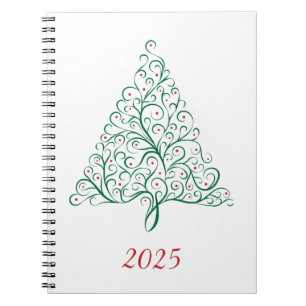 Elegant Red and Green Calligraphy Christmas Tree Notebook
