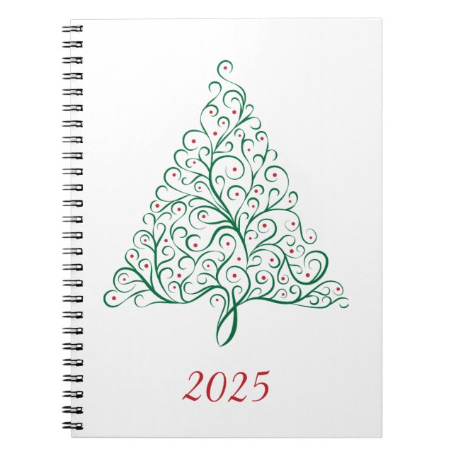 Elegant Red and Green Calligraphy Christmas Tree Notebook (Front)