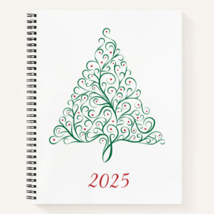 Elegant Red and Green Calligraphy Christmas Tree Notebook