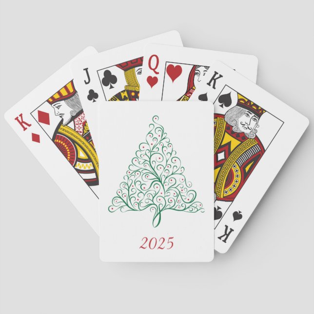 Elegant Red and Green Calligraphy Christmas Tree Playing Cards (Back)