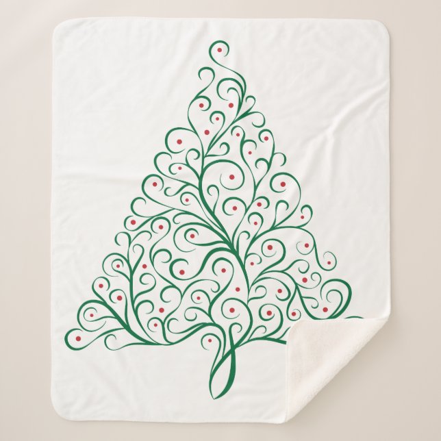 Elegant Red and Green Calligraphy Christmas Tree Sherpa Blanket (Front)