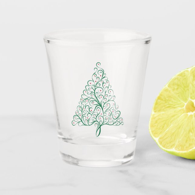 Elegant Red and Green Calligraphy Christmas Tree Shot Glass (Front)