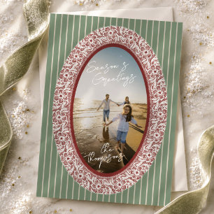Elegant Red and Green Lace Oval Frame Photo  Holiday Card