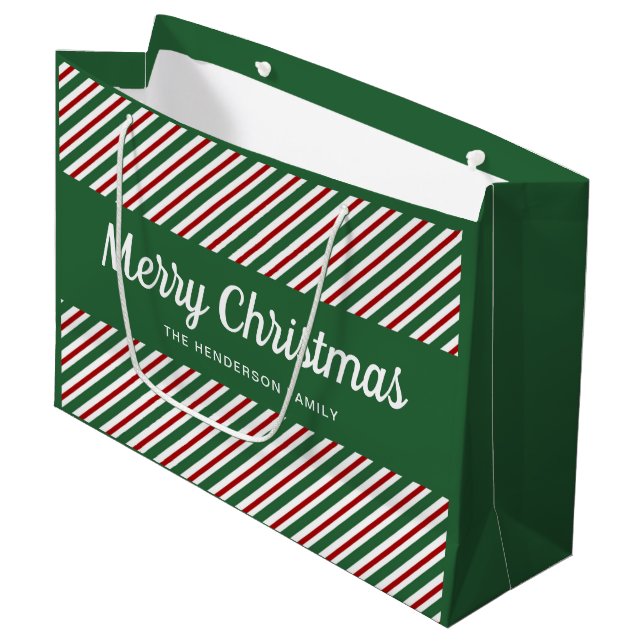 Elegant Red And Green Stripes Christmas Large Gift Bag (Front Angled)