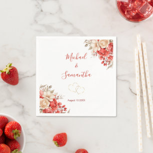 Elegant Red and Ivory Rose Wedding Napkin