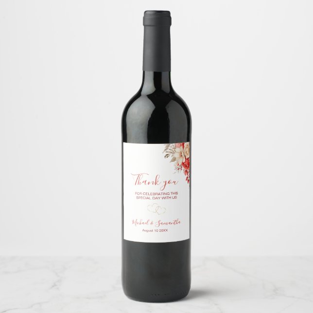 Elegant Red and Ivory Rose Wedding Wine Label (Front)