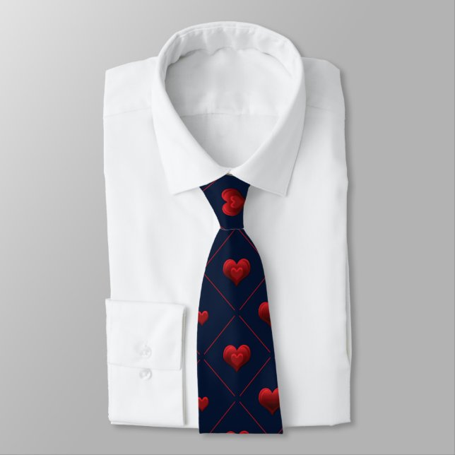 Elegant Red and Navy Hearts on Hearts Graphic Tie (Tied)