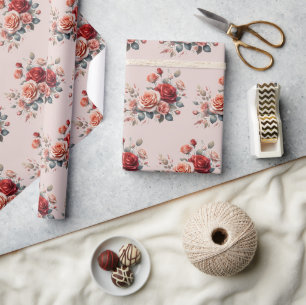 Elegant Red and Peach Blush Floral Wrapping Paper
