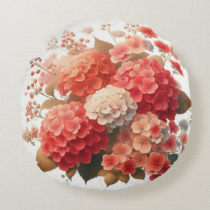 Elegant Red and Peach Hydrangea Round Pillow