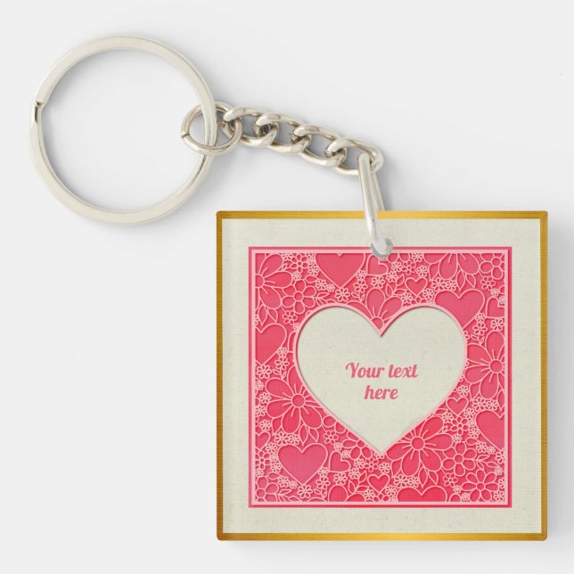 Elegant Red and Pink Floral Hearts Valentine's Day Keychain (Front)