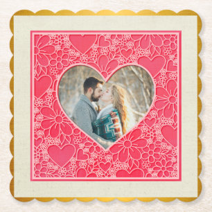 Elegant Red and Pink Floral Hearts Valentine's Day Paper Coaster