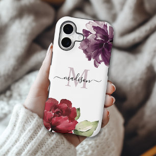 Elegant Red and Plum Watercolor Floral Monogram