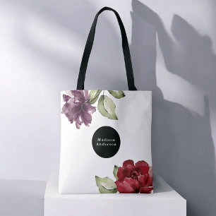 Elegant Red and Purple Watercolor Floral with Name Tote Bag