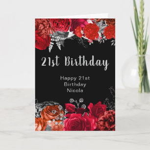Elegant Red and Silver Flowers Birthday Card