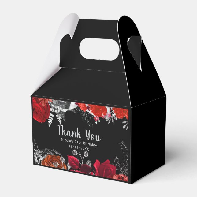 Elegant Red and Silver Flowers Birthday Favor Box (Front Side)