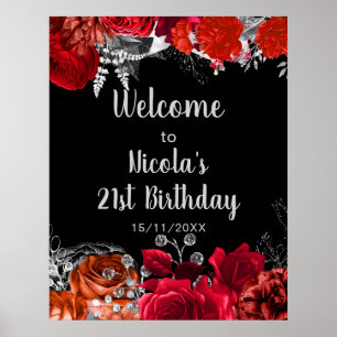 Elegant Red and Silver Flowers Birthday Part Poster