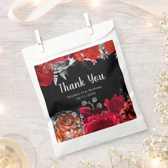 Elegant Red and Silver Flowers Birthday Party Favour Bag (Clipped)