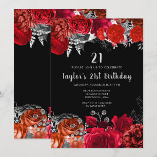 Elegant Red and Silver Flowers Birthday Party Invitation