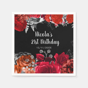 Elegant Red and Silver Flowers Birthday Party Napkin