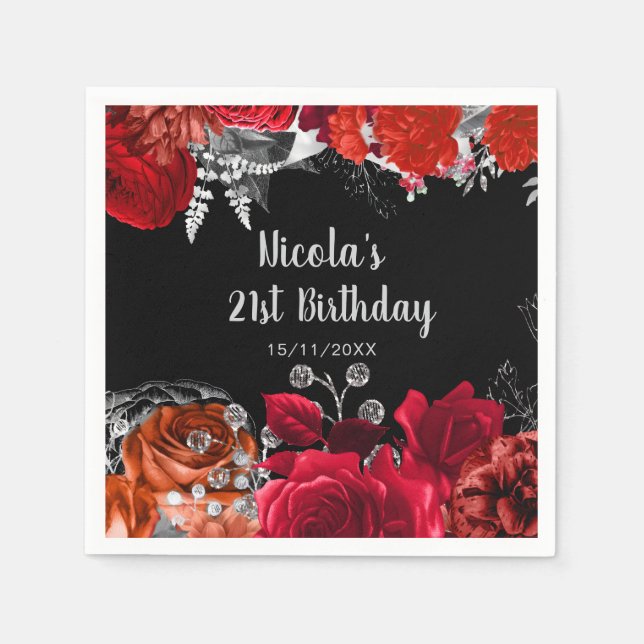 Elegant Red and Silver Flowers Birthday Party Napkin (Front)