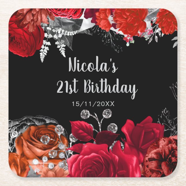 Elegant Red and Silver Flowers Birthday Party  Square Paper Coaster (Front)