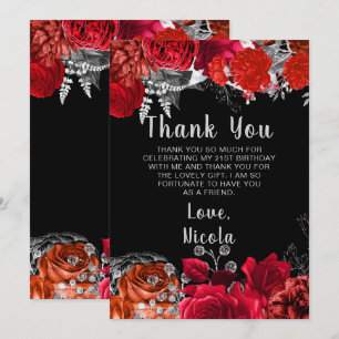 Elegant Red and Silver Flowers Birthday Party Thank You Card