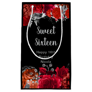Elegant Red and Silver Flowers Sweet Sixteen Small Gift Bag