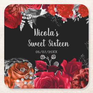 Elegant Red and Silver Flowers Sweet Sixteen Square Paper Coaster